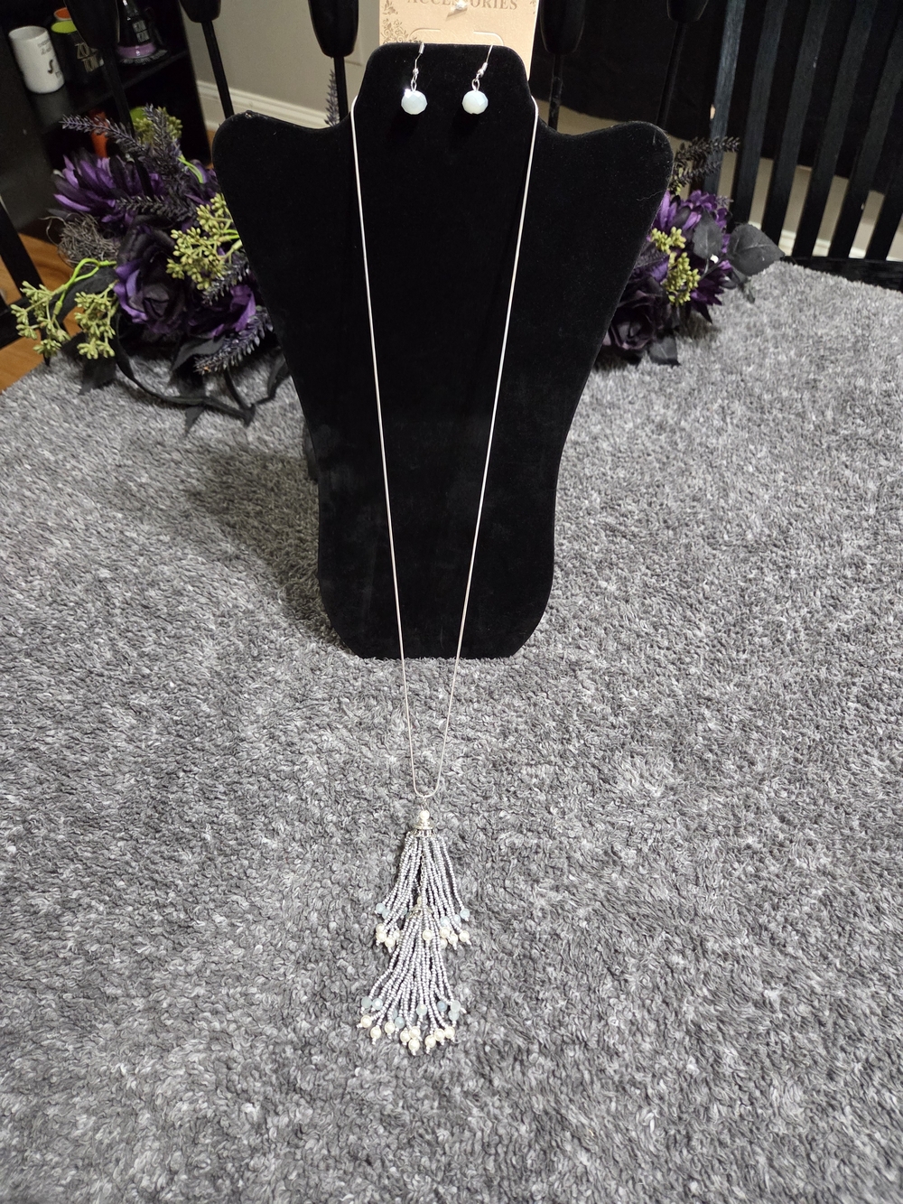 Silver Beaded Tassel Necklace with Matching Earrings - White/Silver